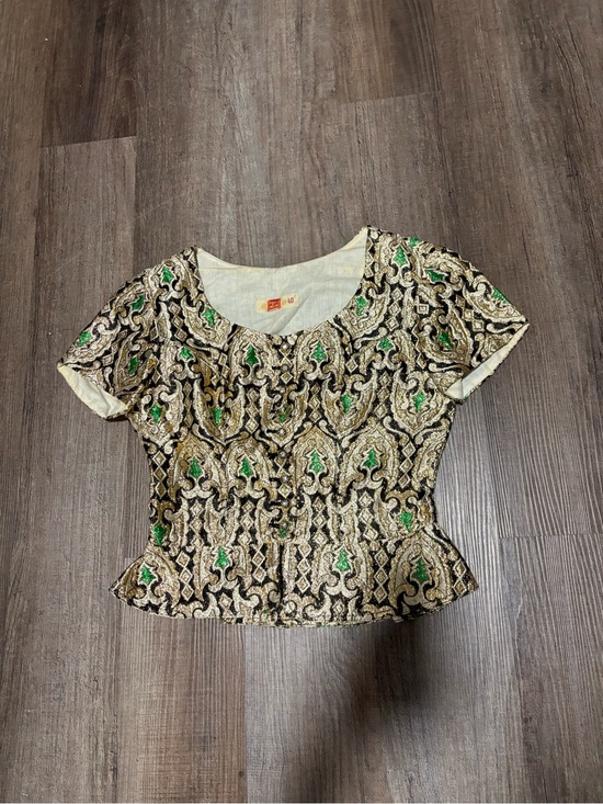 Vintage Tops - Vintage Short Sleeve Peplum Top - Green, Gold & Black